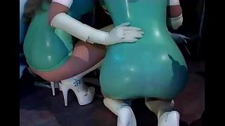 Triple with nurses in latex lingerie plus gloves